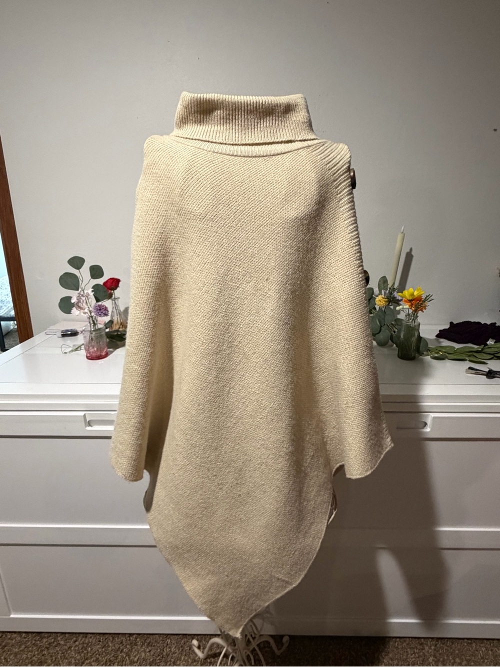 Women's Cream Turtleneck Poncho Sweater - Cozy Knit Layer